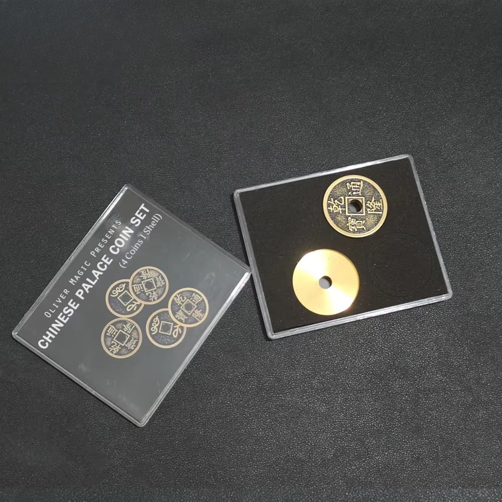 Chinese Palace Coin Set (4 Coins 1 Shell, Morgan/Half dollars Size Brass) by Oliver Magic