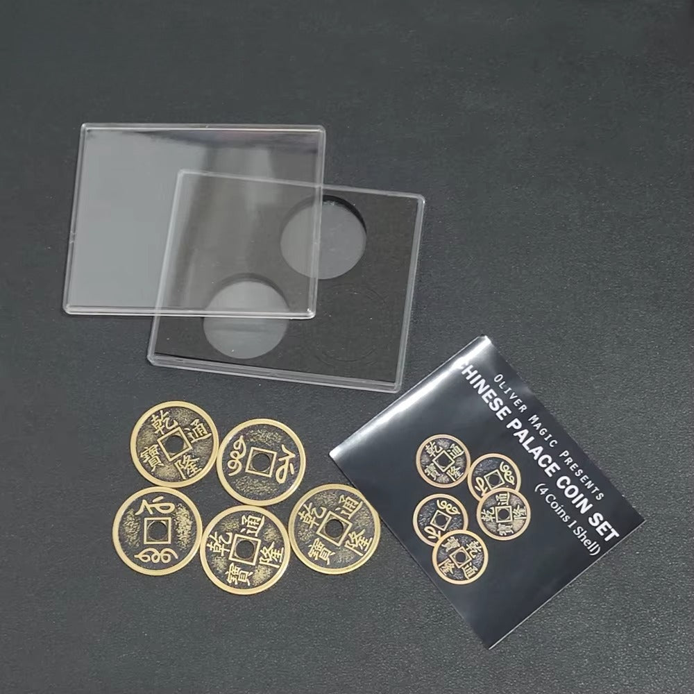 Chinese Palace Coin Set (4 Coins 1 Shell, Morgan/Half dollars Size Brass) by Oliver Magic